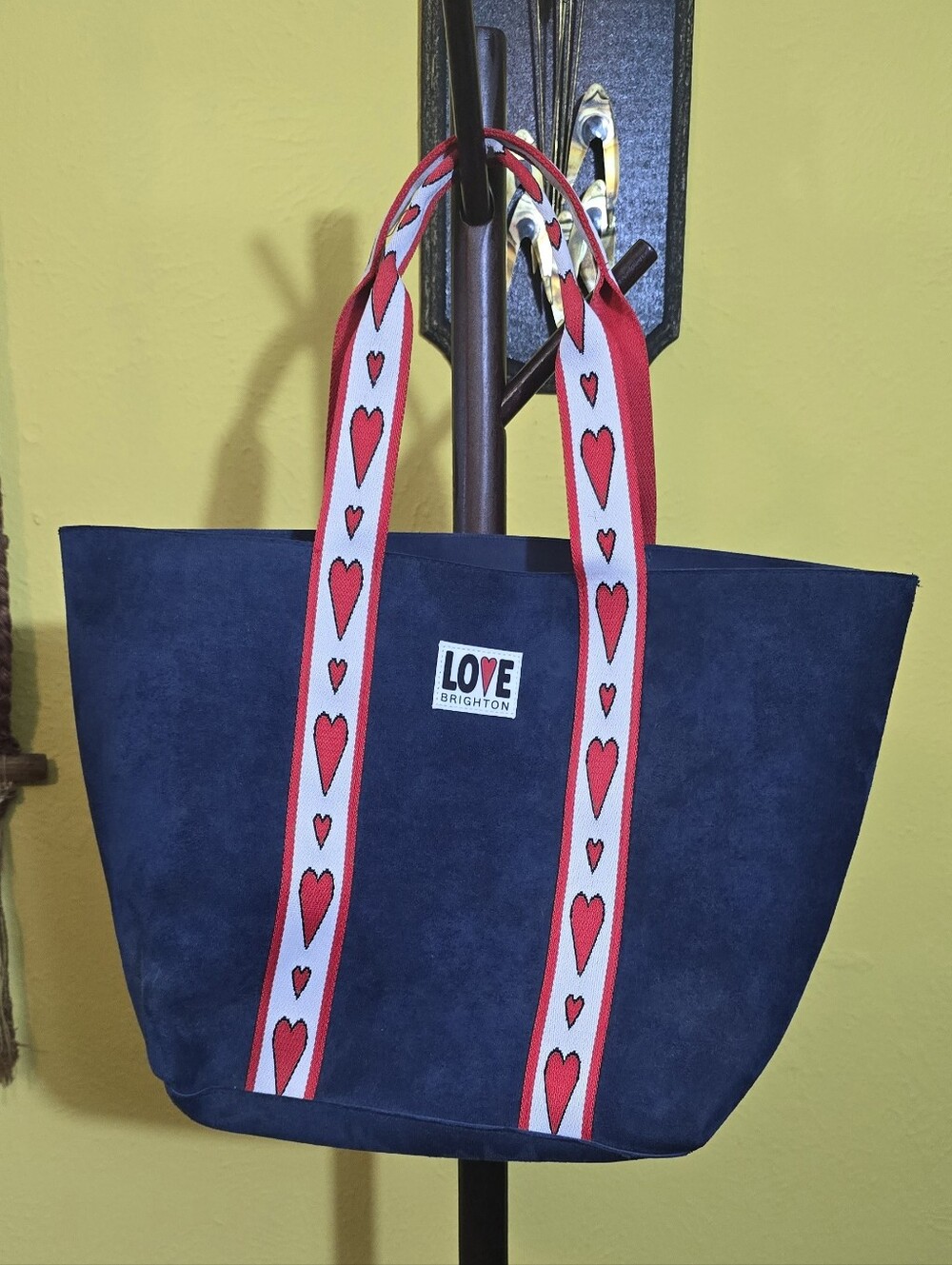 Brighton Navy Velveteen Tote with Red and White Heart-Strap Handles
